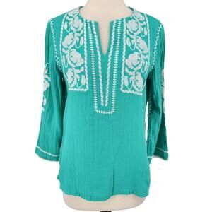 SALE APNY Boho Chic Embroidered Floral Cross Stitch Cotton Top Womens Size XS